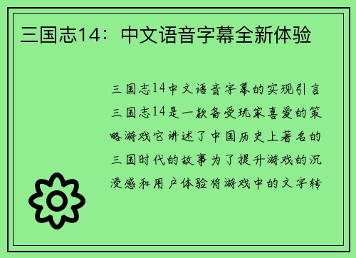 三国志14：中文语音字幕全新体验